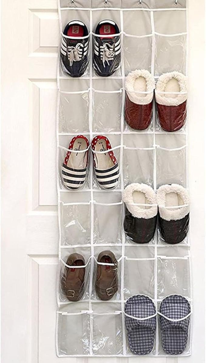 Over the Door Shoe Organizer, Hanging Shoe Rack for Door, Large Capacity Shoe Organizer Holder with 24 Large Pockets for Closet Storage, Clear Hanging Shoe Shelves Shoe Hanger Storage Organizer Bag (C)