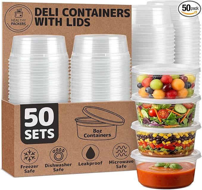 Healthy Packers Plastic Deli Containers with Lids (8oz 50 Sets) - Clear Plastic Containers with Airtight Lids - Great for Your Slime Kit, Food - BPA Free | Leakproof - Microwaveable & Freezer Safe