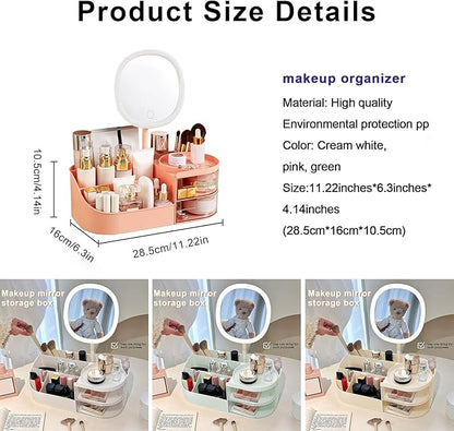 DASITON Makeup Organizer with Rechargeable Mirror,Makeup Brush Holder with 2 Drawers,Skincare and Cosmetics Organizer Countertop,Large Capacity Cosmetic Display Case for Vanity,Bedroom,Bathroom(Pink)