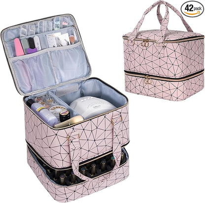 Uross Nail Polish Organizer Bag Holds 42 Bottles Nail Polish & Nail Lamp, Gel Nail Polish Organizers and Storage box for Nail Tech, Nail Kit Supplies Organizer Case - Lightpink