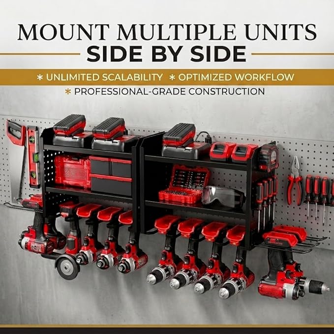 BUILTSTRONG Power Tool Organizer Wall Mount – 3-Tier Heavy-Duty Steel Rack, 6 Drill Slots, Dual Pegboard Sides, Side-by-Side Modular, 100 lb Capacity – Garage & Workshop (Black)