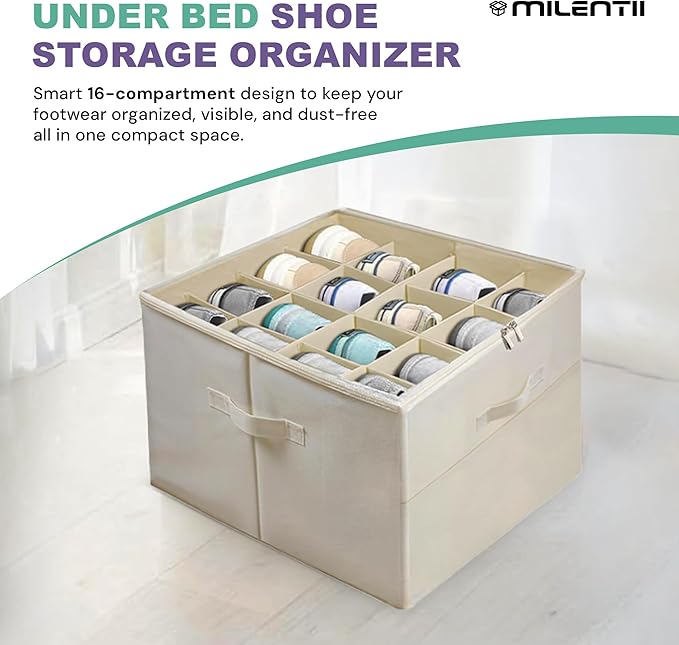 Under Bed Shoe Storage Organizer 16 Compartment, Foldable Shoe Organizer Under Bed with Clear PVC Lid, Shoe Storage Box with Zipper & Handle for Closet Bedroom, Off White, Pack of 2