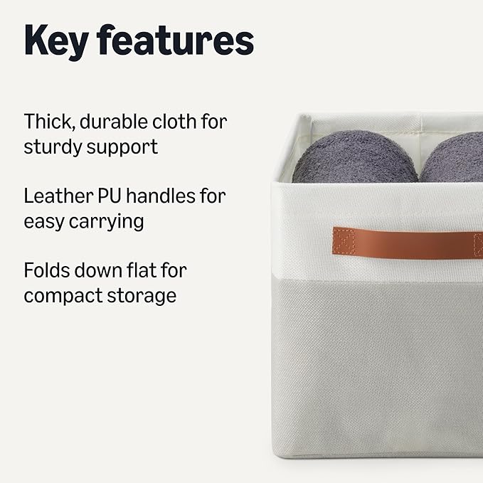 Amazon Basics Collapsible Storage Bins with Faux Leather Handles, Foldable Organizing Containers for Closet, Clothes, Toys, Linen, Large, 3-Pack