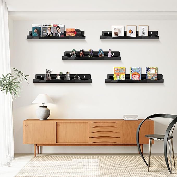 Nail Polish Wall Rack, 6-Shelf 15-Inch Black Acrylic Nail Polish Shelves with Removable Ends – Multi-Purpose Shelf for Essential Oils, Cosmetics Storage and Display for Salons and Bathrooms
