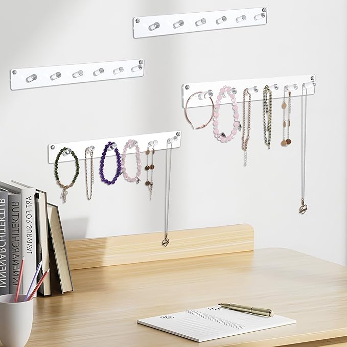 4 Pack Acrylic Necklace Holder – Wall Mounted Jewelry Organizer with 24 Hooks for Necklaces, Bracelets, Rings & Bangles, Clear Display Rack with Easy Installation (Screws & Tape Included)