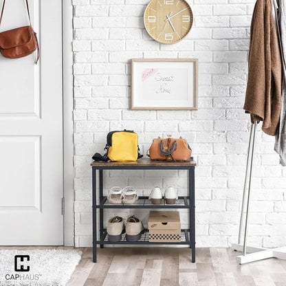 CAPHAUS 3-Tier Shoe Rack for Entryway, Mudroom Shoe Bench, Small Shoe Rack, Metal Shoe Shelf with Wood Board, Industrial Shoe Storage Table for Hallway, Living Room, Bedroom, Closet, Rustic Oak