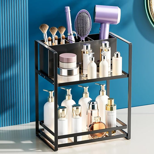 SanDream Hair Tool Organizer Bathroom Countertop, 2-Tier Metal Bathroom Organizer with Blow Dryer Holder, Large Capacity Space-Saving Vanity Shelf for Perfume, Skincare & Makeup Storage (Black)