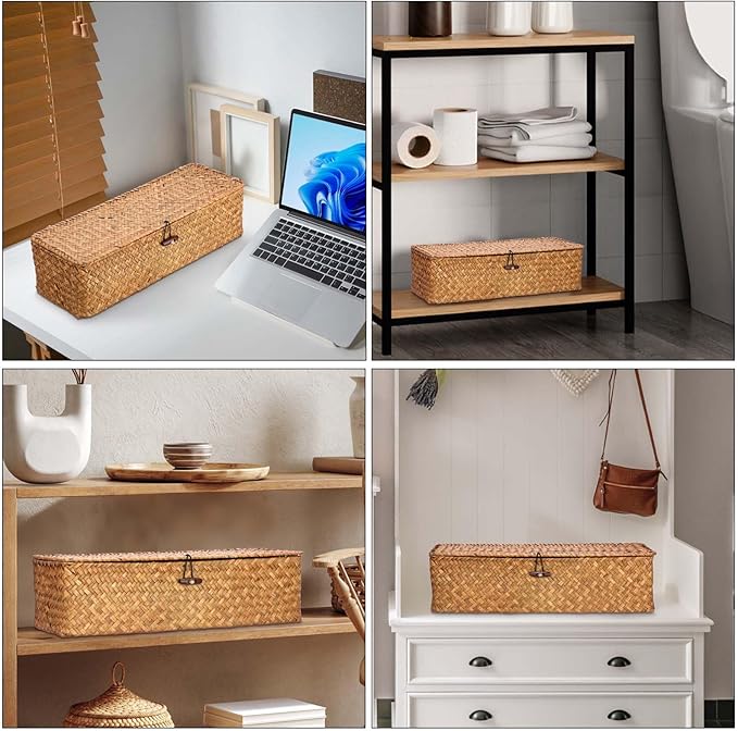 Hipiwe Handwoven Wicker Basket Box Rectangular Wardrobe Home Organizer with Lid 3 Sections Toilet Paper Holder Home Organizer for Tissue Snacks, Caramel