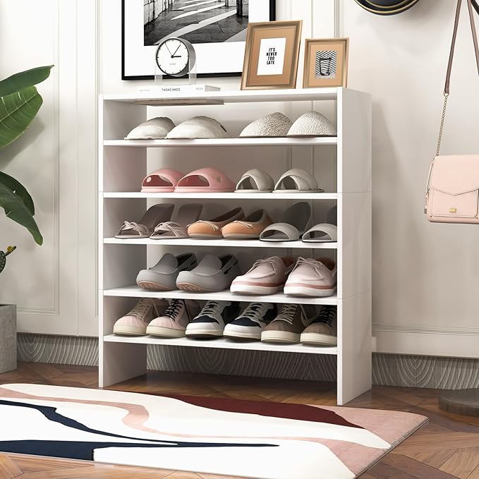 6-Tier Stackable Shoe Rack, Multi-Functional 3 Pcs Shoe Storage Shelves for Closet, 31 Inch Wide Shoe Organizer with Anti-Tipping Device, Ideal for Entryway Bedroom Living Room, White