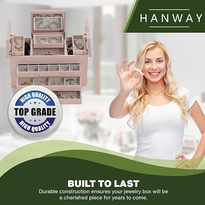 Hanway 4 Layers Wooden Jewelry Box Organizer for Women, with multiple compartments, featuring interior mirror & tray for necklaces, earrings, bracelets, glasses, and rings (Pink)