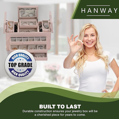 Hanway 4 Layers Wooden Jewelry Box Organizer for Women, with multiple compartments, featuring interior mirror & tray for necklaces, earrings, bracelets, glasses, and rings (Pink)