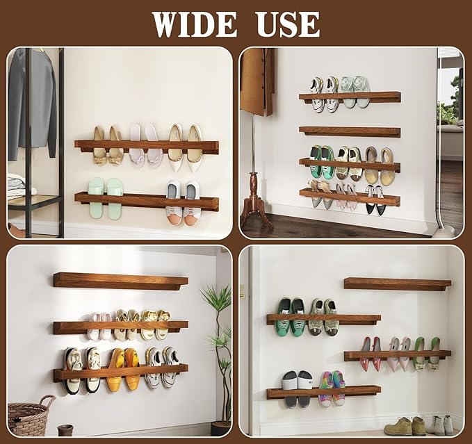 Nisorpa Set of 4 Rustic Burnt Wood Hanging Shoes Racks, 30 Inches Wall Mounted Shoes Storage Organizer Space Saving Footwear Holder for Closet, Mudroom, Entryway Narrow Spaces Shoe Organize
