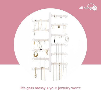 AllHungUp 12-Tier Wall Jewelry Organizer Wall Mounted Jewelry Organizer Necklace Holder Wall Mount Hanging Necklace Organizer Jewelry Hanger Wall Mounted Earring Holder Display Earring Organizer White