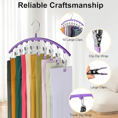Legging Organizer for Closet, Metal Yoga Pants Hanger w/Rubber Coated 2 Pack w/10 Clips Hold 20 Leggings, Hangers Space Saving Hanging Hangers for Closet Organizers and Storage-Purple