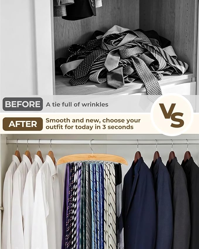 Ohuhu 24-Hook Wooden Tie Rack Organizer for Closet – Space Saving Hanger with 360° Rotating Anti-Slip Clips, Holds 24 Ties Securely Without Wrinkles – Premium Hardwood & Rustproof Steel