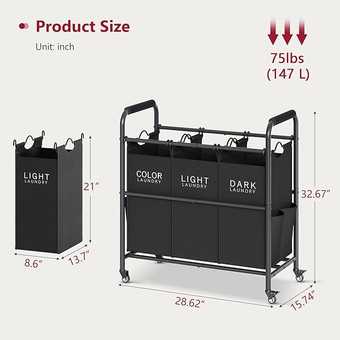 Tajsoon 3 Bag Laundry Sorter Cart, Laundry Hamper Sorter Basket with Heavy Duty Lockable Rolling Wheels for Clothes Storage, Black