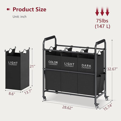 Tajsoon 3 Bag Laundry Sorter Cart, Laundry Hamper Sorter Basket with Heavy Duty Lockable Rolling Wheels for Clothes Storage, Black