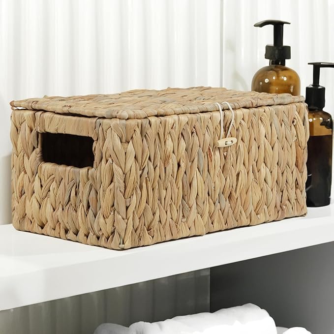 Water Hyacinth Baskets for Organizing, Rectangular Wicker Basket with Lid, Storage Baskets Bins with Built-in Handles for Shelf, Decorative Woven Basket Boxes for Storage Home Organizer Decor