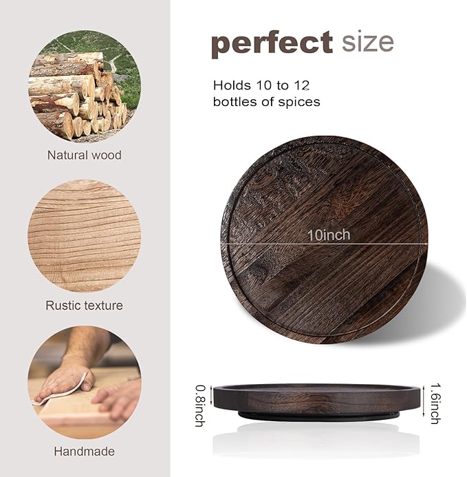 Wood Lazy Susan Organizer Kitchen Turntable for Cabinet Farmhouse Bathroom Decor Round Decorative Tray for Vanity, Counter, Sink, Coffee Table, 10 Inch, Dark Brown