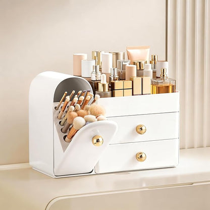 HBlife Makeup Organizer Countertop with Drawers, Vanity Organizers with Brush Holder, Bathroom Counter Organizer for Perfume, Nail Polishes, Lipsticks, Skincare and Eyeshadow Palettes, All White