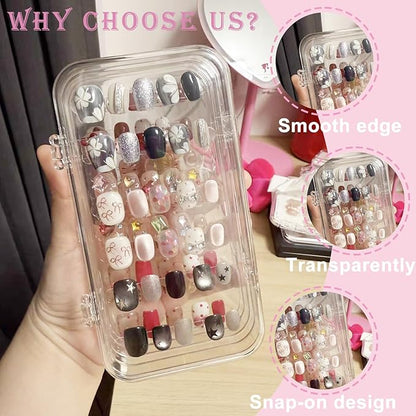 Tri-Fold Press on Nail Storage Box,Portable Press on Nails Organizer Case with 60 Pcs Adhesive Double Sided Tape,Acrylic Nail Storage Box for All Size Fake Nails Home Travel Use
