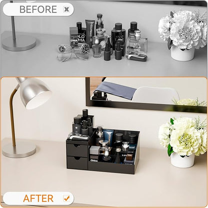 Yieach Mens Cologne Organizer With Drawers,Large Acrylic Perfume Organizer,Fragrance Shelf for Men Room Decor,Black Makeup Organizers and Cologne Holder for Mens Vanity,Bathroom Countertop and Dresser