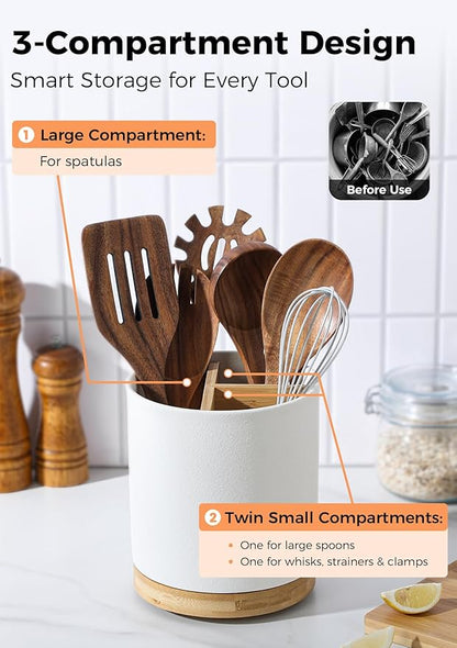 LoeJan 3 Compartment Utensil Holder, Extra Large Utensil Crock, Stable Ceramic Utensil Organizer, Cooking Tool Organizer Set for Kitchen Counter Farmhouse Decor, Textured White