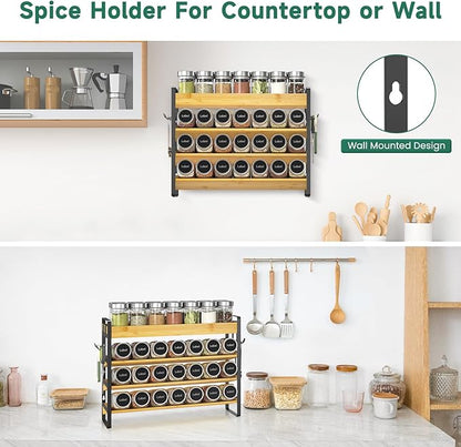 EsLuker.ly Spice Seasoning Rack Organizer Kitchen Countertop, 4 Tier Bamboo Spice Shelf Holder Storage with 4 Hooks, Wall Mounted Freestanding Stand for Pantry, Quick Spice Access(Jars Not Included)