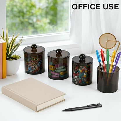 WEISHI 4 Pack Qtip Holder Dispenser - Cotton Ball, Swab, Round Pads, Floss , Small Plastic Apothecary Jar Containers with Lids for Bathroom Storage and Organization, Vanity Organizer ( Black )
