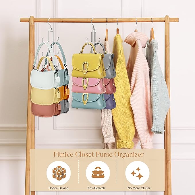 Purse Hanger Organizer for Closet 4 Pack, Metal Purse Rack for Closet Space Saving Handbag Holder Storage Closet Rod Hook for Hanging Bags, Purses, Handbags, Belts, Scarves, Hats, Ties(Silver)