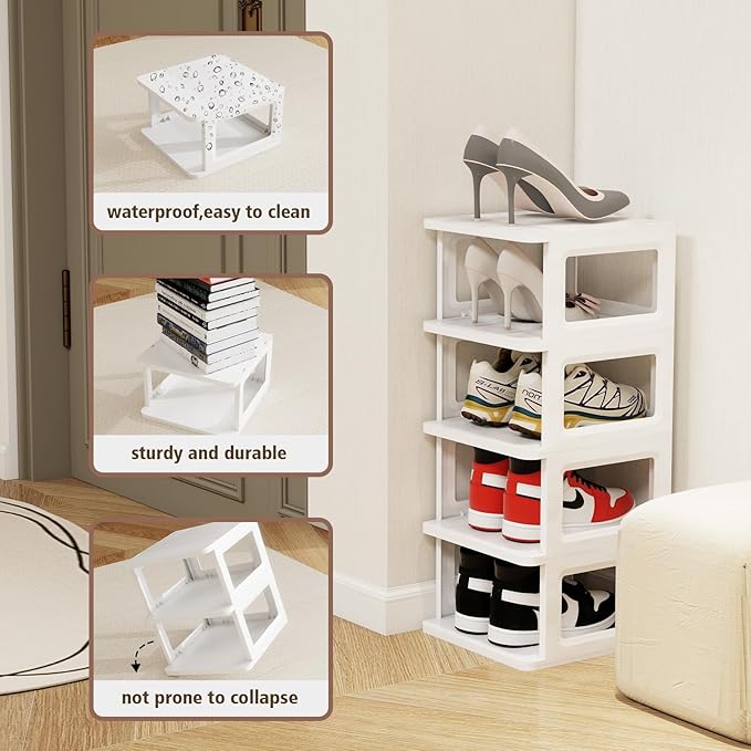 SEE SPRING 5-Tier Stackable Shoe Rack Organizer – Plastic Shoe Storage Shelf for Entryway, Closet, Bedroom – Holds Size 13 Shoes, Space-Saving & Sturdy (White)
