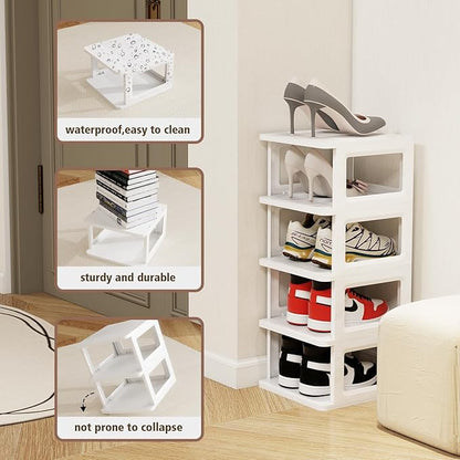 SEE SPRING 5-Tier Stackable Shoe Rack Organizer – Plastic Shoe Storage Shelf for Entryway, Closet, Bedroom – Holds Size 13 Shoes, Space-Saving & Sturdy (White)