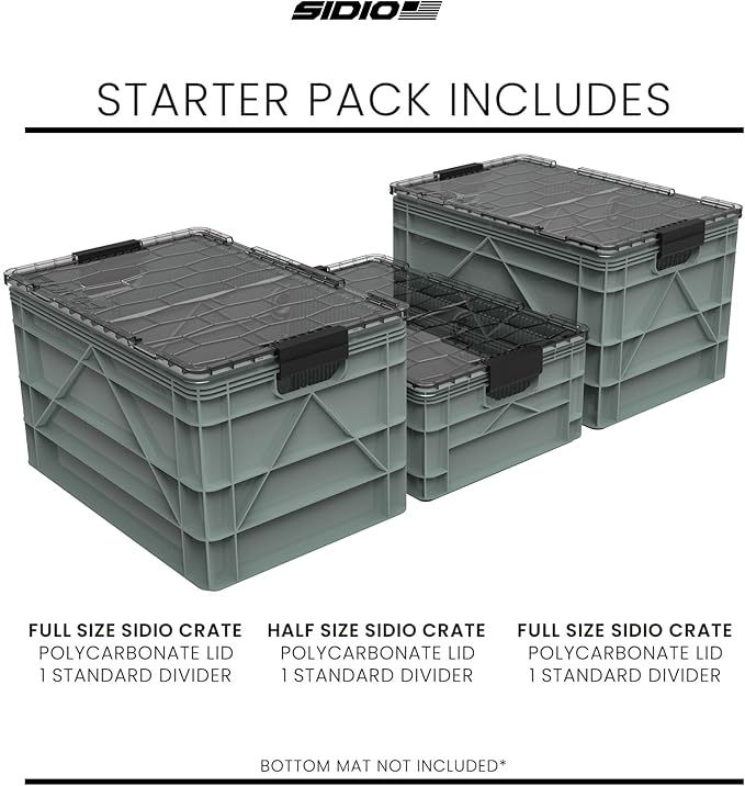 SIDIO CRATE Starter Pack - Two Full Size and One Half Size Heavy Duty Stackable Storage Bins, Totes with Lids and Dividers - Durable Organizer for Home, Office, Garage, and Outdoor Use - Stealth