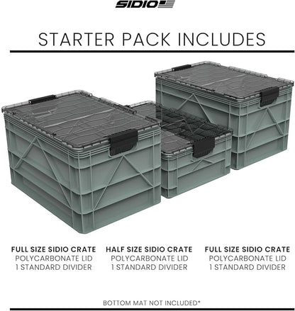 SIDIO CRATE Starter Pack - Two Full Size and One Half Size Heavy Duty Stackable Storage Bins, Totes with Lids and Dividers - Durable Organizer for Home, Office, Garage, and Outdoor Use - Stealth