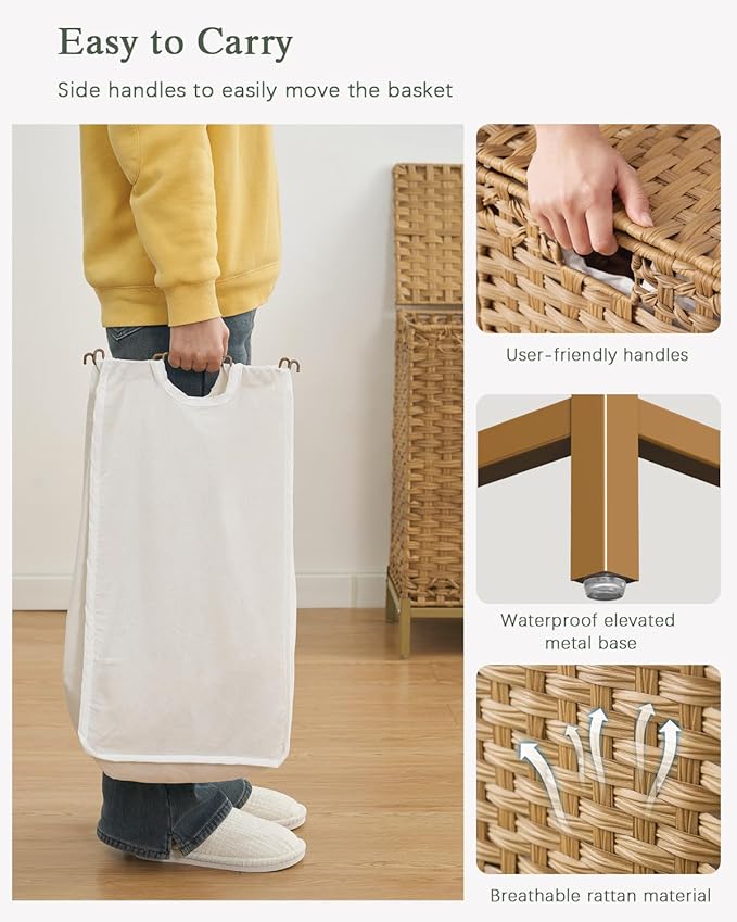 SETVSON Laundry Hamper with Lid, 112 L Handwoven Rattan Wicker Laundry Basket, 2 Removable Liner Bags Metal Heightened Feet, 6 Mesh Bags, 2 Section Large Clothes Hamper for Bathroom Bedroom, Natural