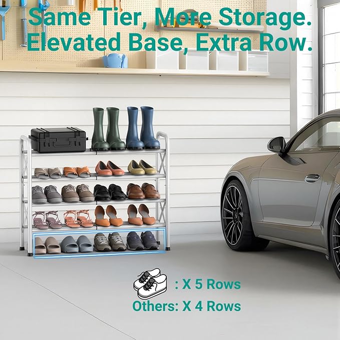 YEASHEIN 4-Tier Expandable Shoe Rack for Closet Floor, X-Frame Metal Small Shoe Rack for Entryway, Adjustable Shoe Shelf Organizer, Free Standing Shoe Racks for Front Door Entrance, Garage - White