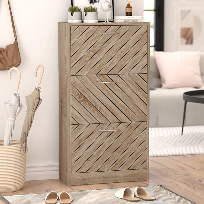 Homsee Modern Shoe Storage Cabinet with 3 Flip Drawers & Twill Louver Doors, Wood 3-Tier Shoe Rack Storage Organizer for Entryway, Hallway & Bedroom, Brown (22.4”L x 9.4”W x 42.3”H)