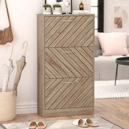 Homsee Modern Shoe Storage Cabinet with 3 Flip Drawers & Twill Louver Doors, Wood 3-Tier Shoe Rack Storage Organizer for Entryway, Hallway & Bedroom, Brown (22.4”L x 9.4”W x 42.3”H)