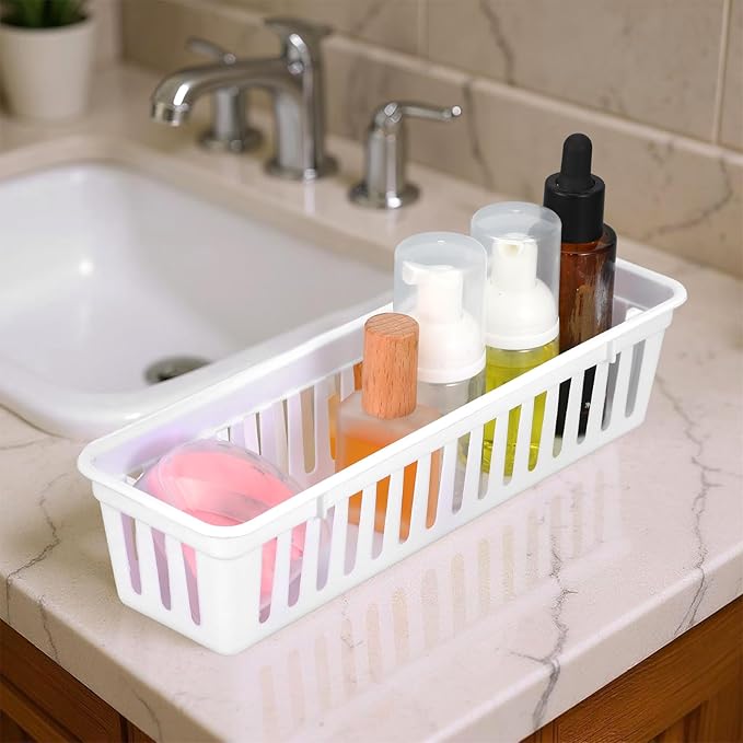 12 Pack Slim Plastic Storage Baskets Tray for Organizing 10.25 x 3.25 x 2.5 Inch Small Narrow Storage Bins Stackable Drawer Pencil Trays Holder for Desk Garage Cabinet Containers(White)