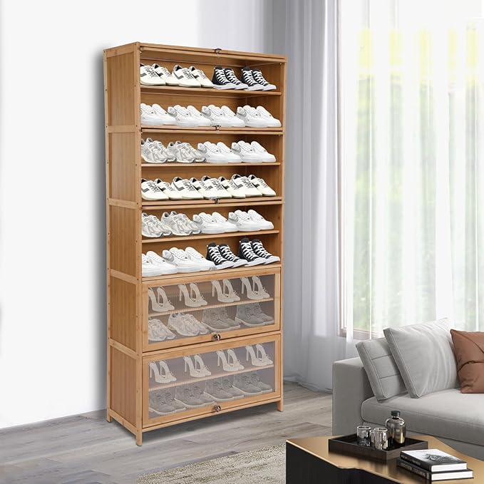10 Tiers Shoe Storage Cabinet,Bamboo Shoes Shelf Organizer,Shoe Rack with Transparent Acrylic Cabinet Door,Free Standing Shoes Shelf for Entryway Bedroom,31.5 * 12.6in,Brown (Brown)