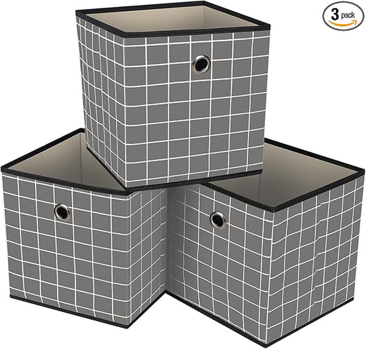 Foldable Storage Cubes Bins,11 Inch Cloth Storage Cube Fabric Storage Box Cubes Organizer Baskets with Dual Handles for Home Organizer Set of 3 (Grey grid)