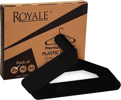 Royale Linens Plastic Hangers 20 Pack - Black Clothes Hanger with Hooks – Heavy Duty Space Saving Coat Hangers Ideal for Everyday Use for Tops, Skirt, Dress, Shirts, Pants