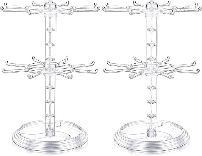 2 Pack Keychain Display Stand Rotating Jewelry 2 Tier Necklace Holder Plastic Spinning Bracelet Hanging Organizer Rotating Rack Earring Bracelet Stands for Vendors Malls Counter Dressing Table