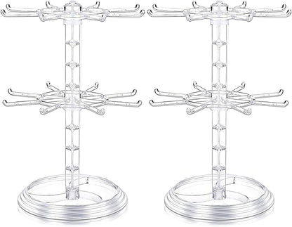 2 Pack Keychain Display Stand Rotating Jewelry 2 Tier Necklace Holder Plastic Spinning Bracelet Hanging Organizer Rotating Rack Earring Bracelet Stands for Vendors Malls Counter Dressing Table