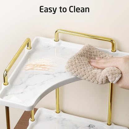 2-Tier Hancrafted Ceramic Bathroom Counter Organizer, KES Marble Pattern Corner Bathroom Countertop Organizer, Vanity Skincare and Makeup Storage Tray Shelf, Polished Gold, BSC900B-PG