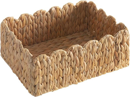 Scalloped Basket, Wicker Storage Baskets, Hand Woven Baskets for Shelves,Natural Baskets for Organizing (Water Hyacinth&M-14" L x 10.5" W x 6" H)