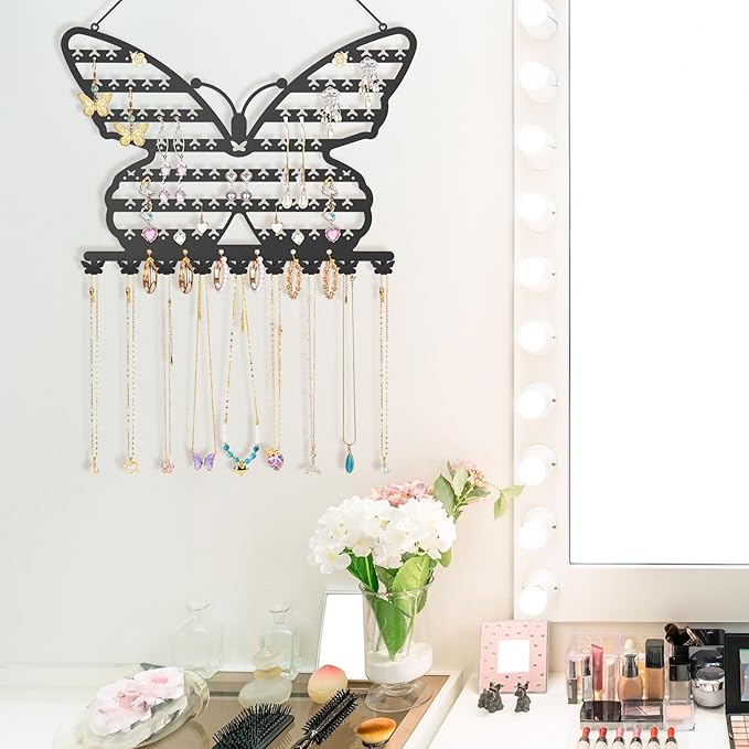 NiHome Butterfly Wall Mounted Jewelry Organizer, Decorative Metal Earring and Necklace Holder for Bedroom, Vanity, or Closet, Stylish Organizer with Easy Hanging for Fashion Lovers (Black)