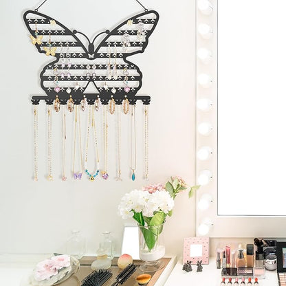 NiHome Butterfly Wall Mounted Jewelry Organizer, Decorative Metal Earring and Necklace Holder for Bedroom, Vanity, or Closet, Stylish Organizer with Easy Hanging for Fashion Lovers (Black)