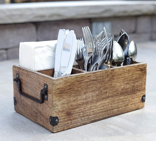 Mother's Day Gifts Wooden Kitchen Utensil Holder With 4 Compartments Wood Cutlery Utensil Organiser Flatware Caddy Organizer for Party | Silverware Condiment Organizer with Napkin Holder for Dining