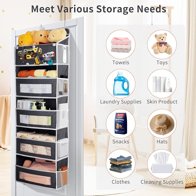 5-Tier Over the Door Storage Organizer with 5 Side Mesh Pockets, 40lbs Load Capacity with 2 Hooks, Behind Door Hanging Organizer for Closet Bathroom Bedroom Nursery - Grey
